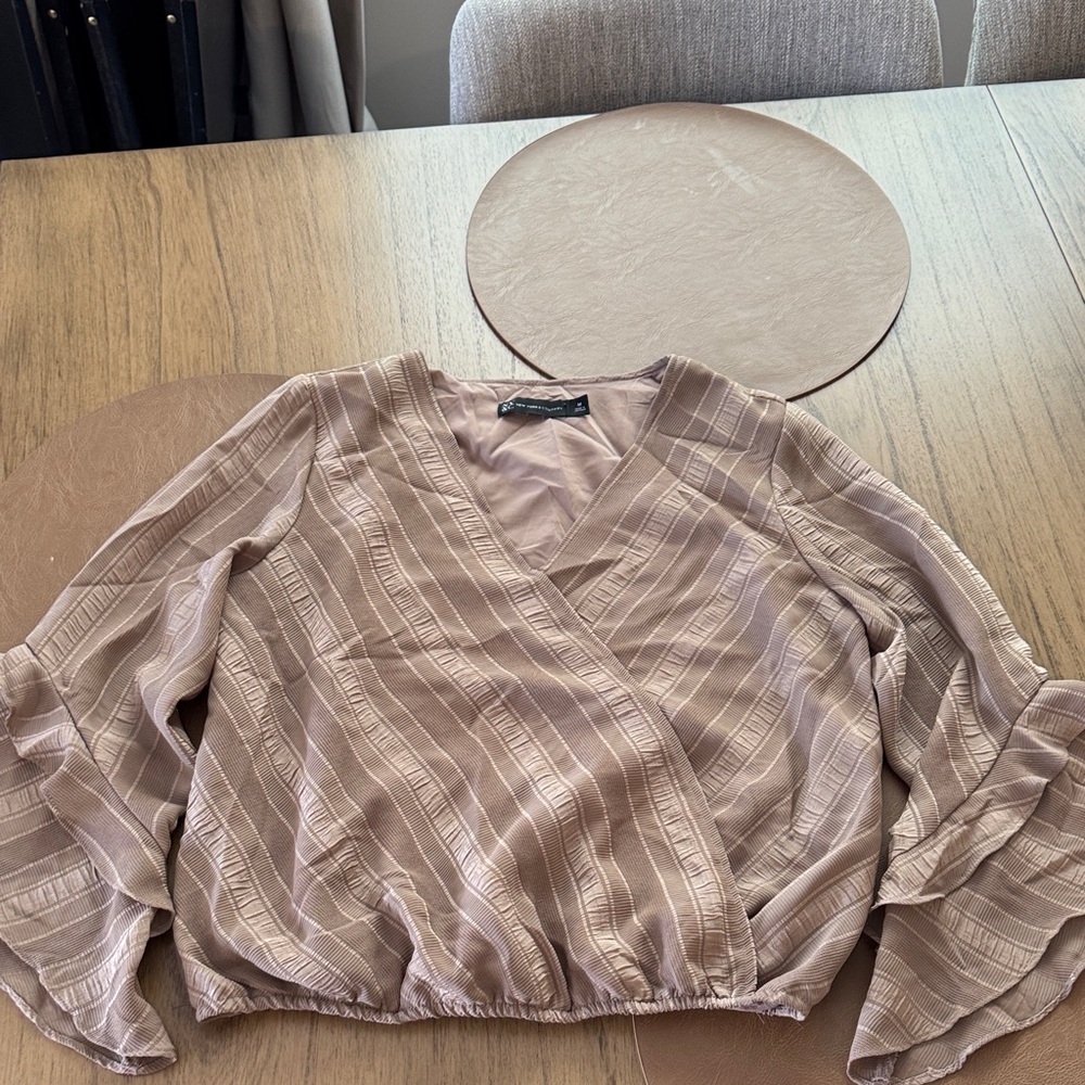 New York & Company Taupe Striped Wrap Blouse